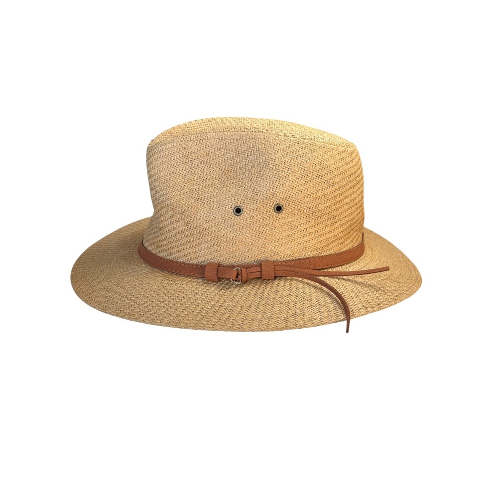 Panama Jack Woven Straw Fedora Safari Hat Unisex L/XL Leather Band Natural Toyo